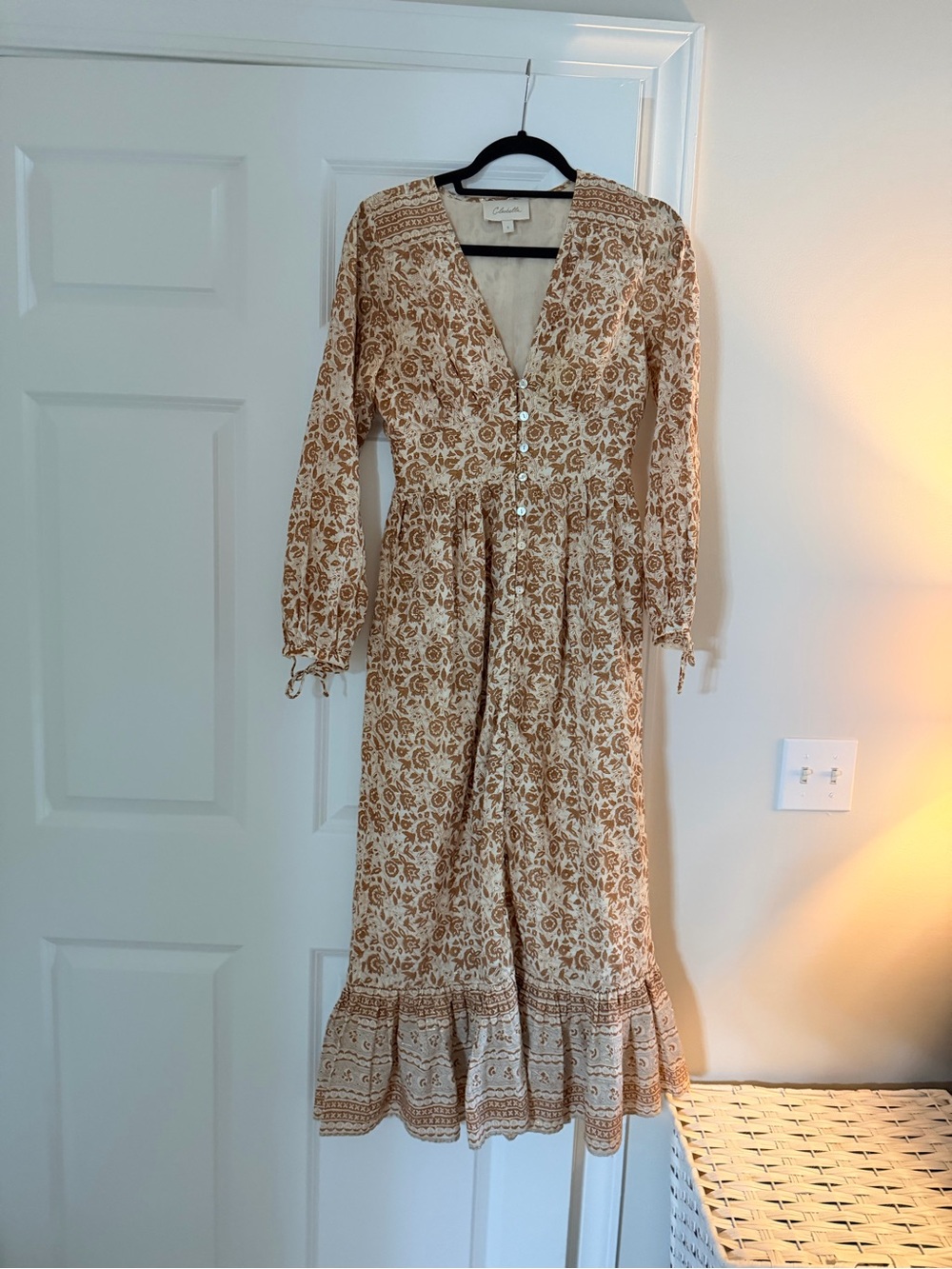 Cleobella Cream and Tan Floral Long-Sleeve Maxi Dress